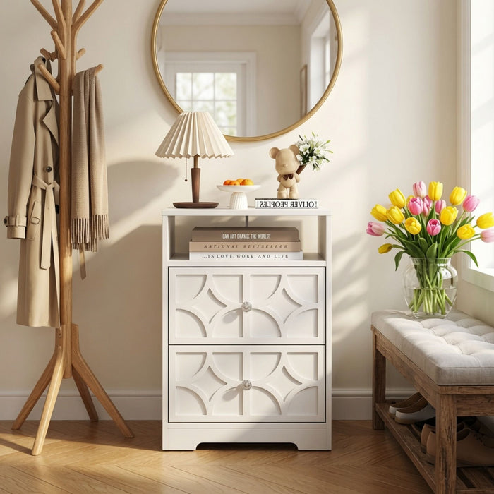 Nightstand With Diamond Carvings Handles, 2 Drawers & Charging Station Home Essentials