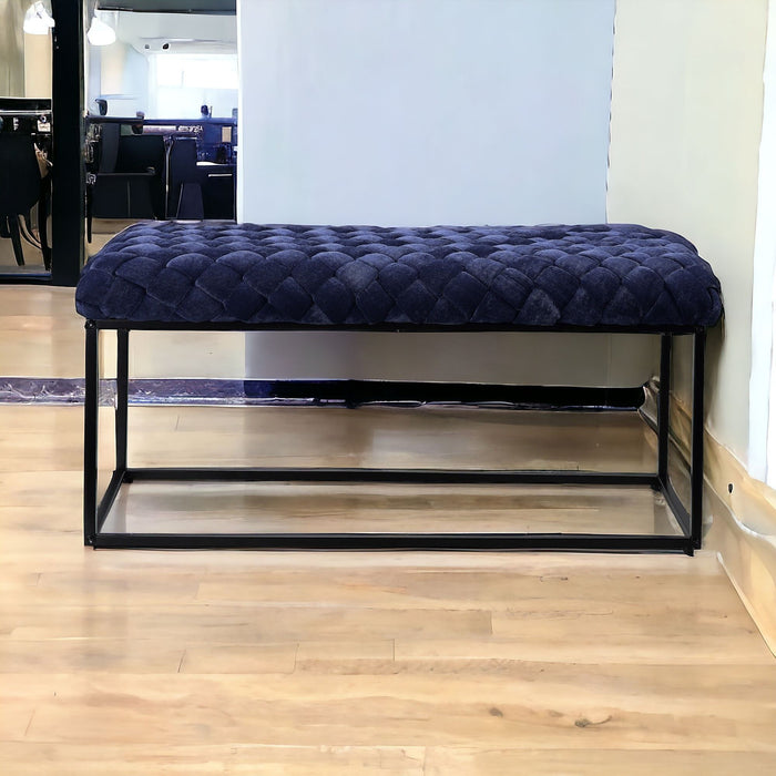 Upholstered Velvet Bench - Navy Blue / Black