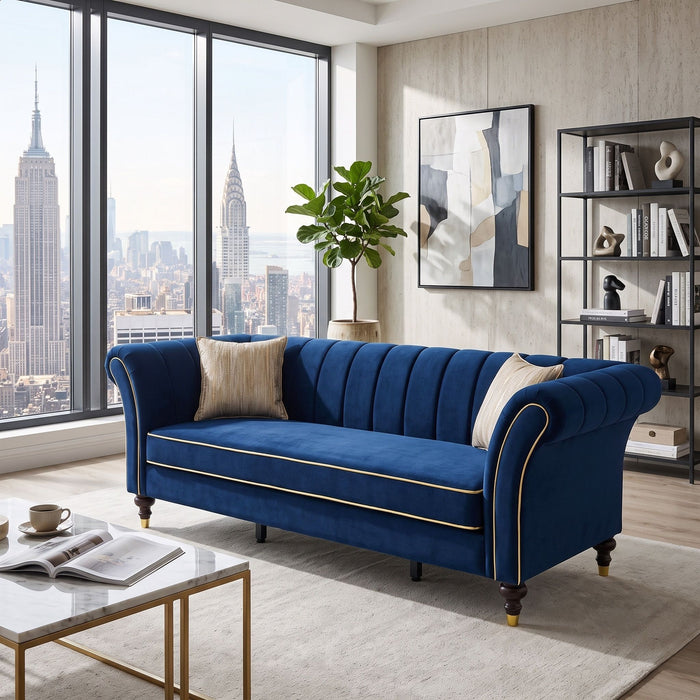 3 Seater Sofa With Rolled Arms, Vertical Channel Tufted Backrest Home Essentials