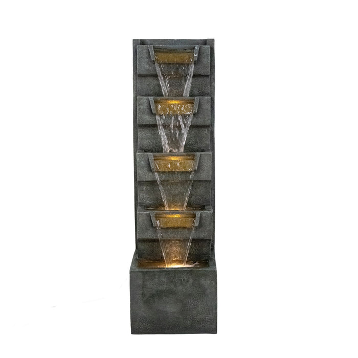 4 Tier Cascading Waterfall Fountain With Warm LED Lights, For Patio - Gray Daily Nest