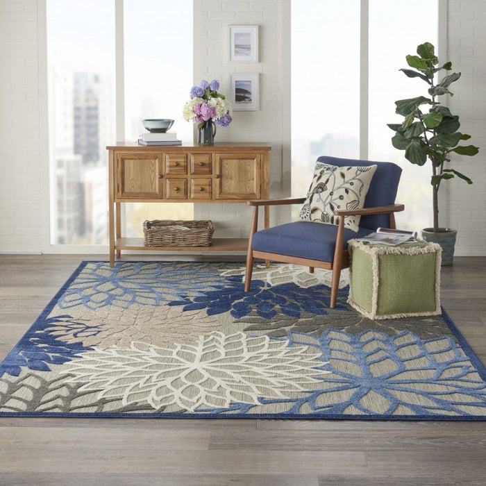 7' X 10' Floral Indoor & Outdoor Area Rug - Blue / Gray