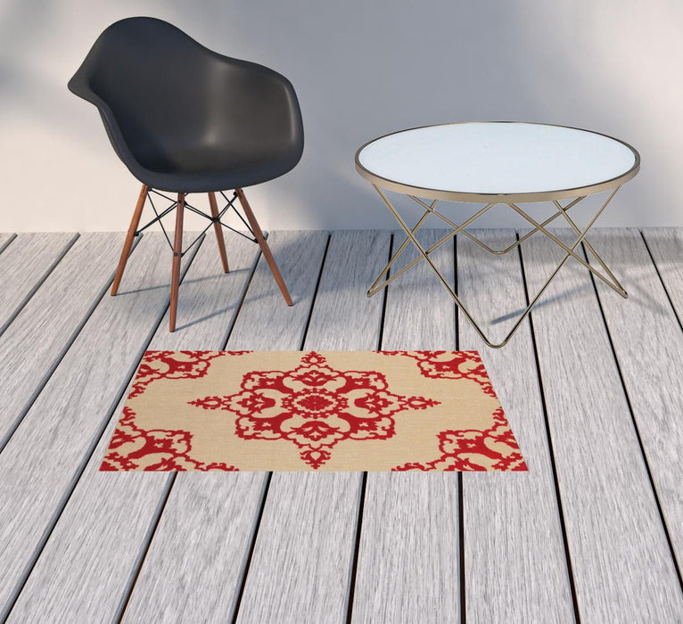 2' X 3' Oriental Stain Resistant Indoor / Outdoor Area Rug - Red