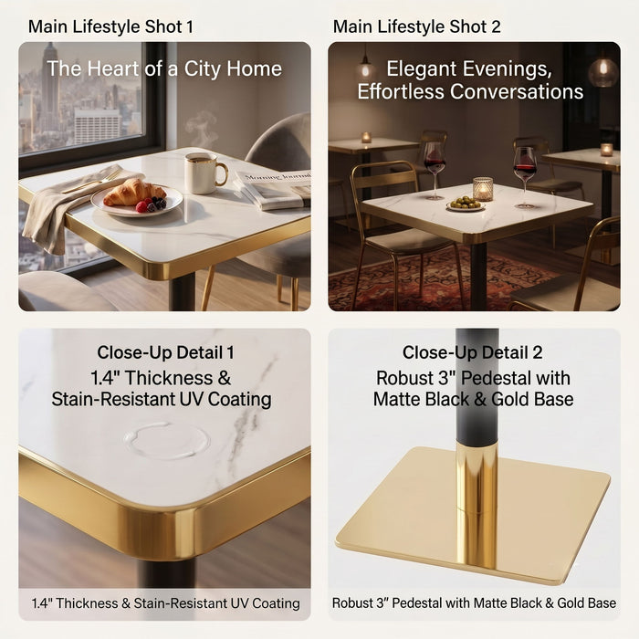 Square Dining Table & Pedestal For Kitchen - Black / Gold / White Home Essentials