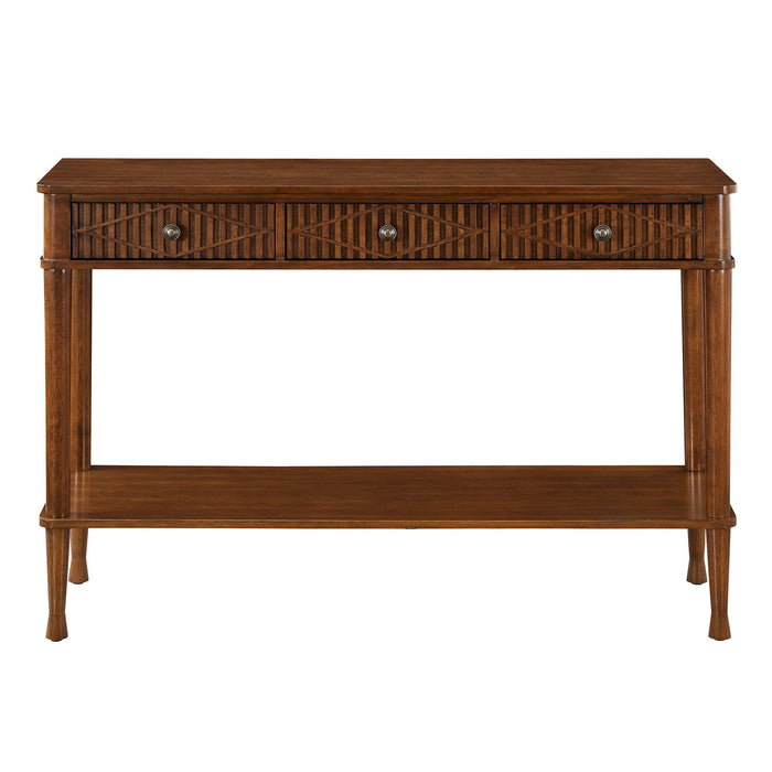 Console Table With Reeded Diamond Pattern Drawer Fronts, Open Storage Shelf For Living Room - Walnut Home Essentials