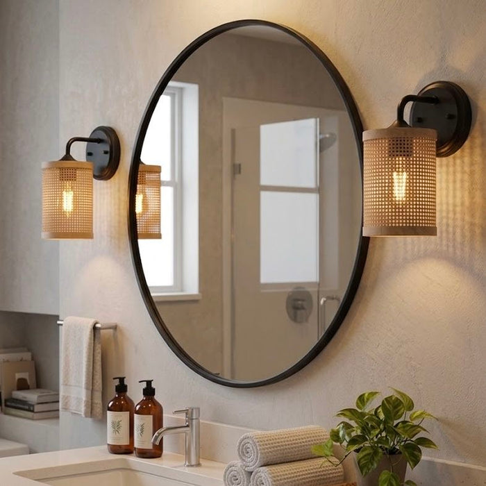 Reef - Single Lights Wall Sconce With Natural Shade Rustic Wicker Wall Light - Black / Rattan Ashcroft Furniture
