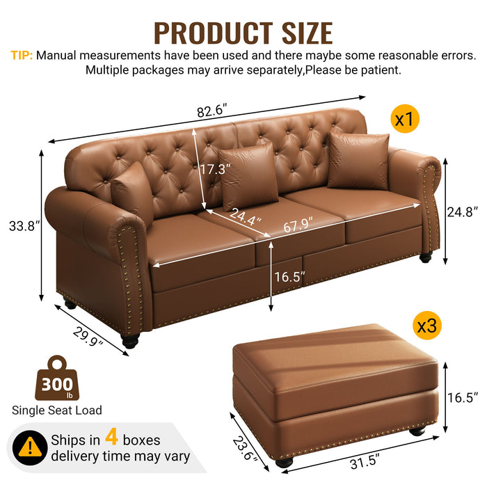 Upholstered Sofa With Nailhead Trim, Rolled Armrests With Ottoman Home Essentials