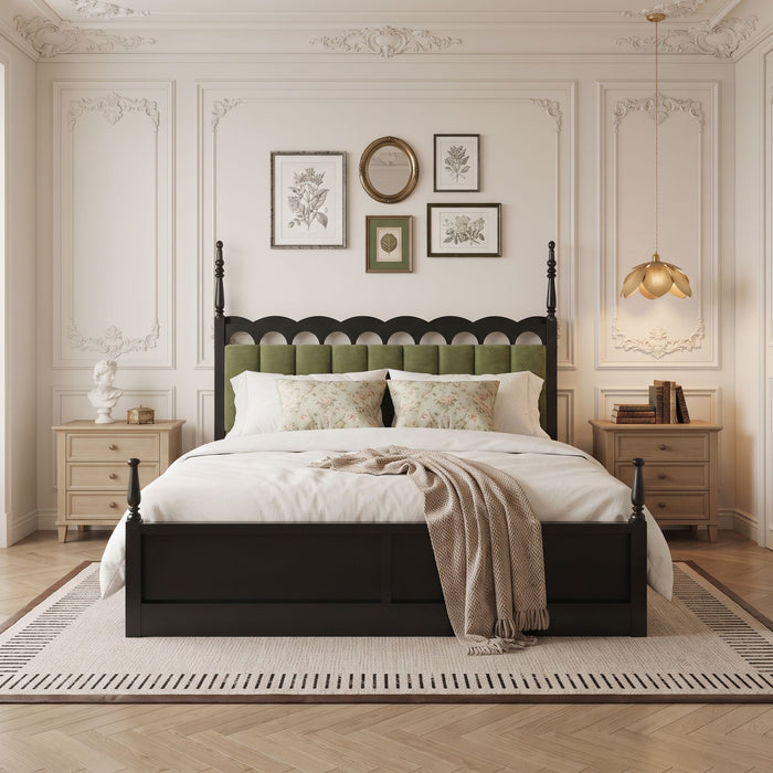 Platform Bed Frame With Tufted Upholstered Scallop Headboard Noble House