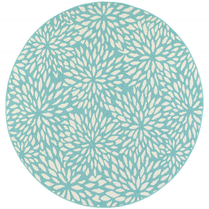 8' X 8' Round Floral Stain Resistant Outdoor / Indoor Area Rug - Blue / Ivory