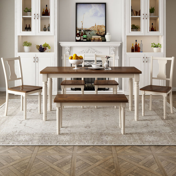 6 Piece Dining Set Classic Wooden Table And 4 Chairs With Bench For Kitchen Dining Room - Brown / Cottage White Hearth and Haven