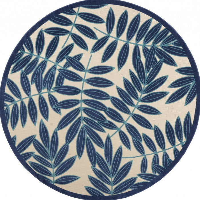 8' Round Round Floral Stain Resistant Indoor / Outdoor Area Rug - Blue / Ivory