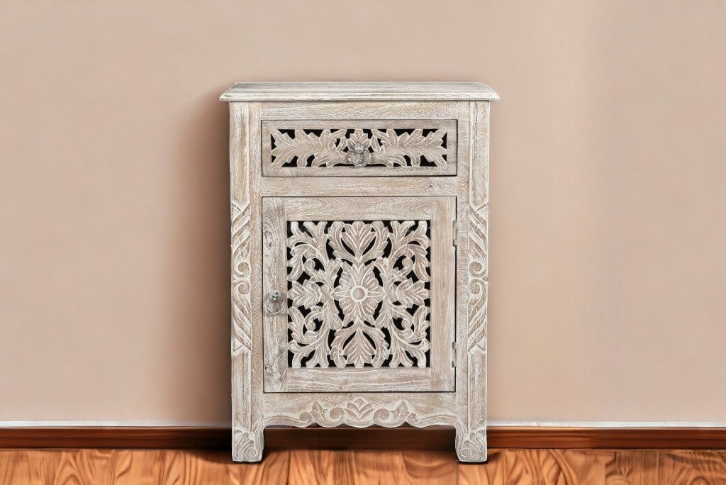 One Drawer Carved Floral Solid Wood Nightstand - Distressed White