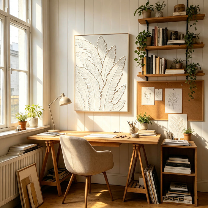 Framed Botanical Leaf Wall Art, Thick Textured Canvas Painting, Neutral Decor For Living Room - White Daily Nest