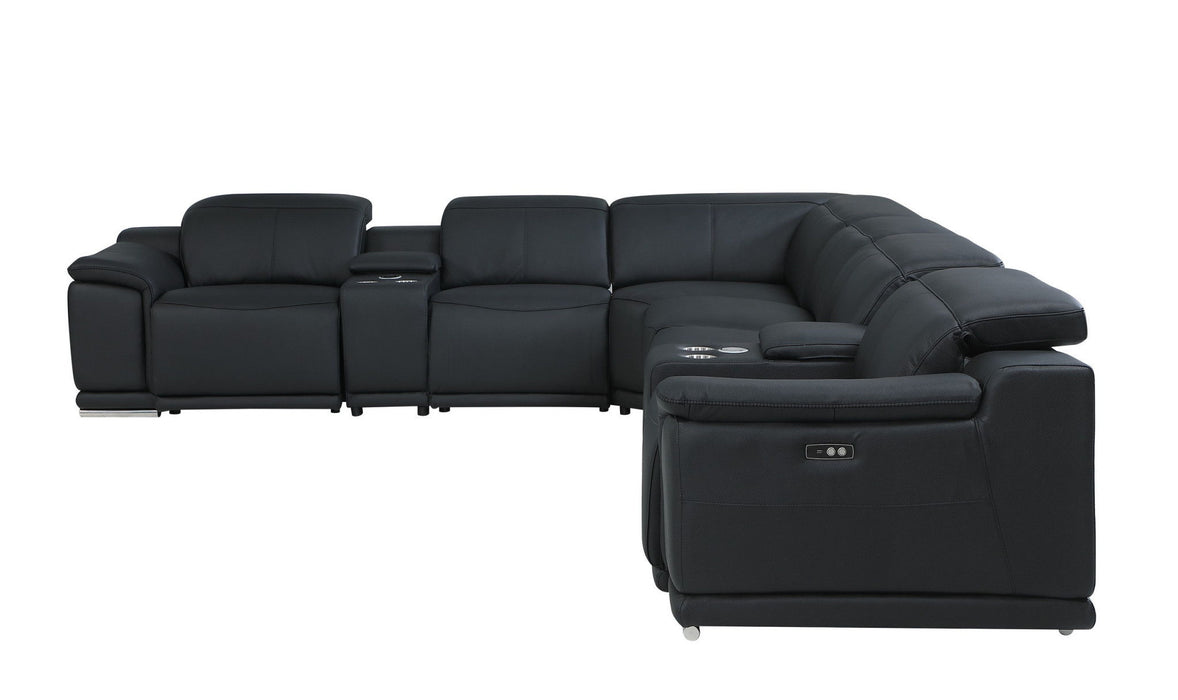 Italian Leather Power Reclining U Shaped Eight Piece Corner Sectional With Console - Black