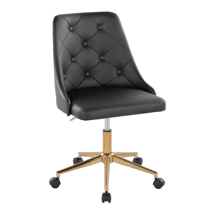 Marche Contemporary Swivel Task Chair With Casters In Gold Metal And Black Faux Leather By Lumisource