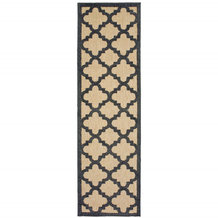 2' X 8' Geometric Stain Resistant Outdoor / Indoor Area Rug - Beige / Black