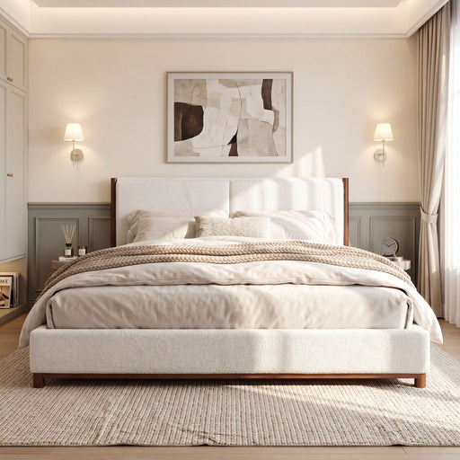 King Upholstered Bed Frame, No Box Spring Needed - Walnut / White Noble House