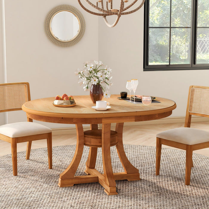 Extendable Round Dining Table, Adjustable Length, Construction With Space Saving Design - Natural Wood Home Essentials