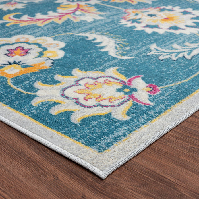 5' X 8' Floral Stain Resistant Outdoor & Indoor Area Rug - Blue / Ivory