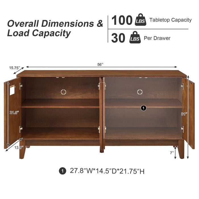 TV Stand With Carved Geometric Doors Storage Cabinet, 4 Door Media Console For Living Room - Walnut Home Essentials