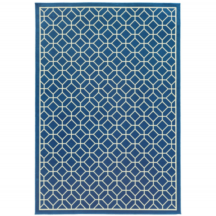 8' X 11' Geometric Stain Resistant Outdoor & Indoor Area Rug - Blue / Ivory