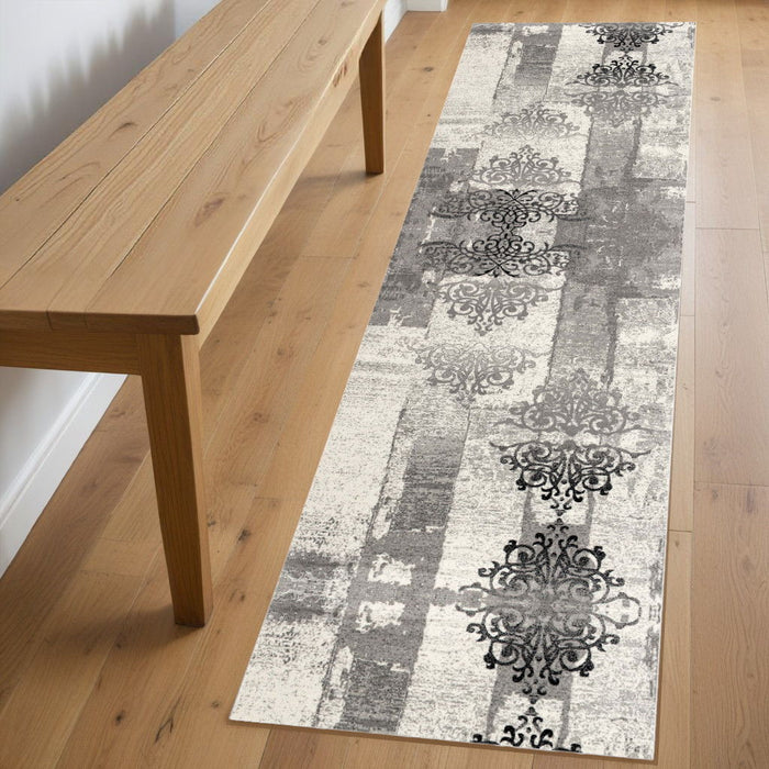 8' Damask Power Loom Runner Rug - Gray And Ivory