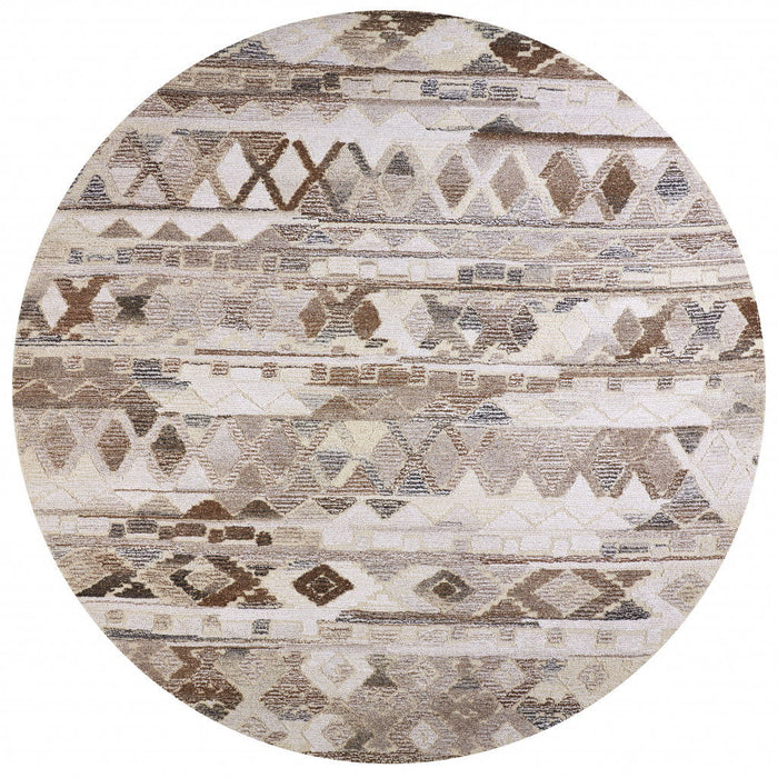 Abstract Tufted Handmade Area Rug - Ivory Tan And Gray Round Wool - 10'
