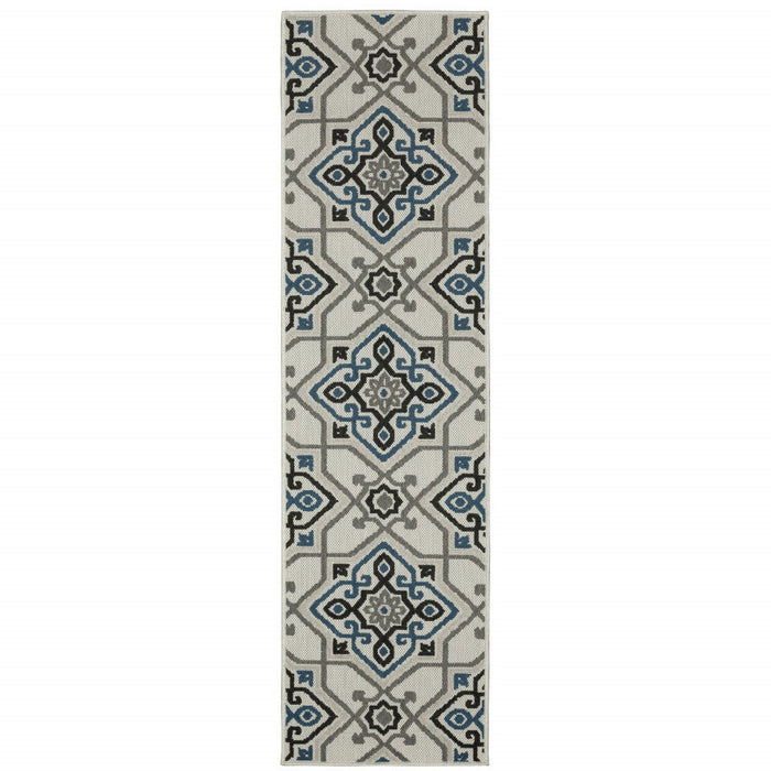 2' X 7' Oriental Stain Resistant Outdoor / Indoor Area Rug - Blue / Beige