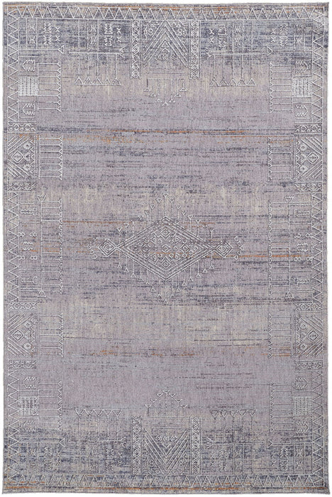 Geometric Power Loom Distressed Stain Resistant Area Rug - Gray Ivory And Orange - 5' X 8'