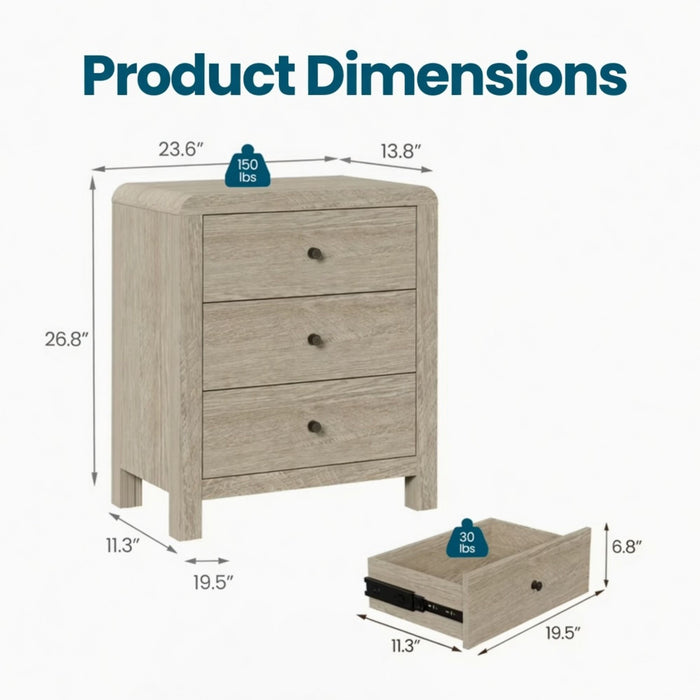 3 Drawer Chest Of Drawers With Soft Close Glides Rounded Corners Handles - Natural Home Essentials