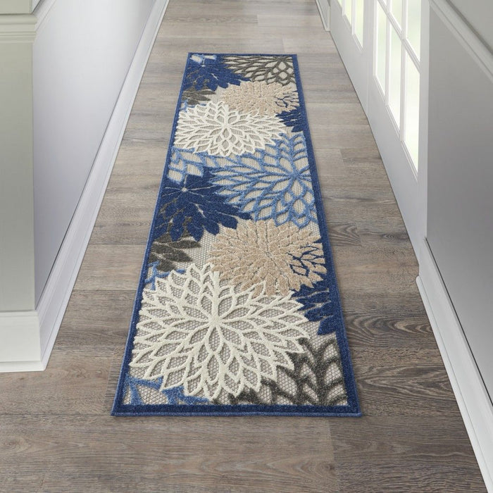 2' X 10' Floral Indoor / Outdoor Area Rug - Blue / Gray