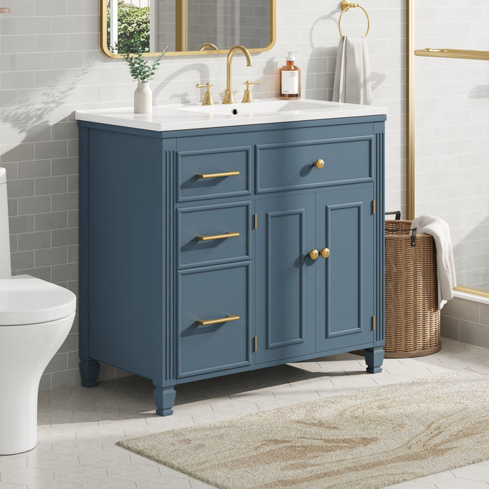 Modern Bathroom Vanity With Ceramic Sink, Freestanding, One Tip Out Drawer, 3 Side Drawers, Adjustable Shelf Noble House