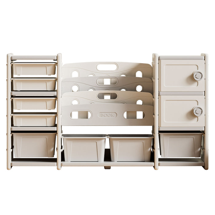 Kids Toy Storage Organizer With 8 Removable Toy Bins, 4 Tier Bookshelf, And 2 Cabinet Storage - Gray / Ivory