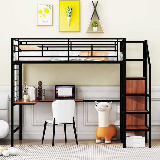 Loft Bed With Desk And Grid, Stylish Frame With Lateral Storage Ladder And Wardrobe Halcyon Home