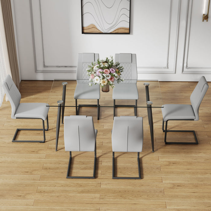1 Table And 6 Chairs Set, Rectangular Table With Transparent Tempered Glass Tabletop And Black Metal Legs, Paired With 6 Chairs With PU Leather Cushioned Seats And Black Metal Legs