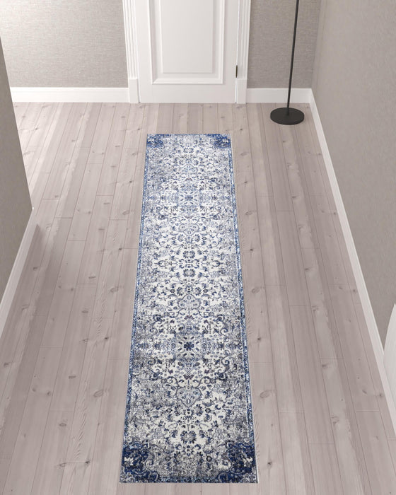 Floral Power Loom Distressed Stain Resistant Runner Rug - Ivory Gray And Blue - 10'