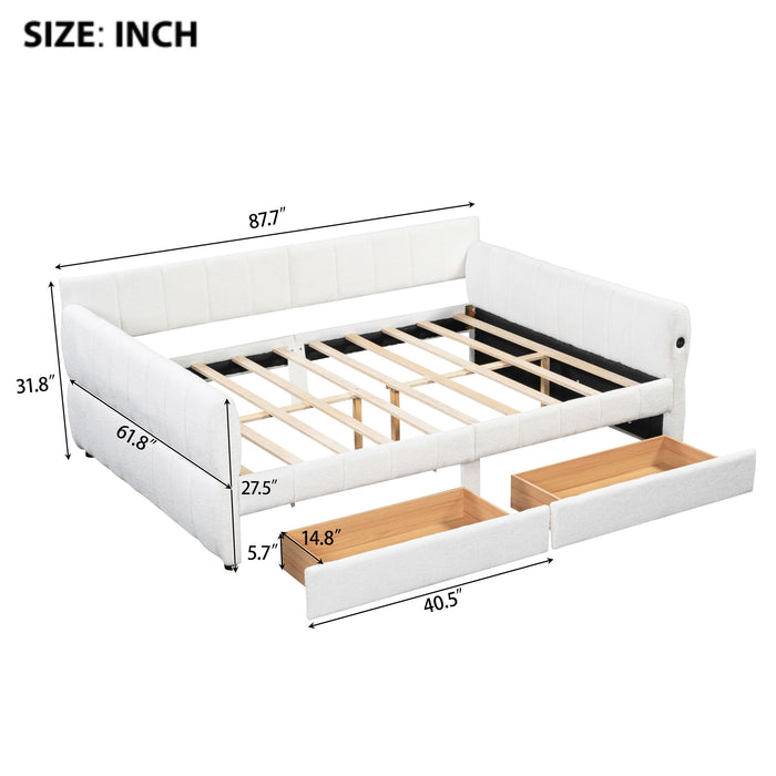Queen Upholstered Platform Bed With USB Charging And 2 Storage Drawers - White Dreamland