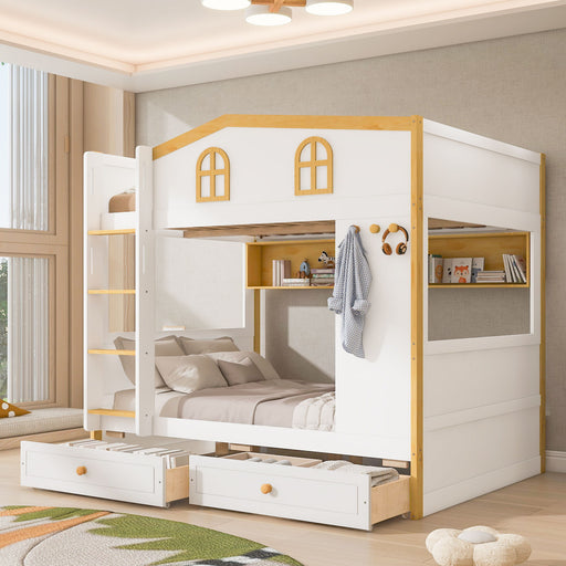 Twin Over Twin Bunk Bed With House Shaped Guardrails, Storage Shelves & Drawers - White / Natural Dreamland