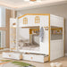 Twin Over Twin Bunk Bed With House Shaped Guardrails, Storage Shelves & Drawers - White / Natural Dreamland