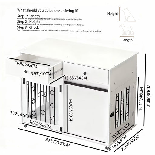 Dog Crate Furniture With Double Drawers And Sliding Barn Door, Pet Kennel For Small To Medium Dogs - White Home Essentials