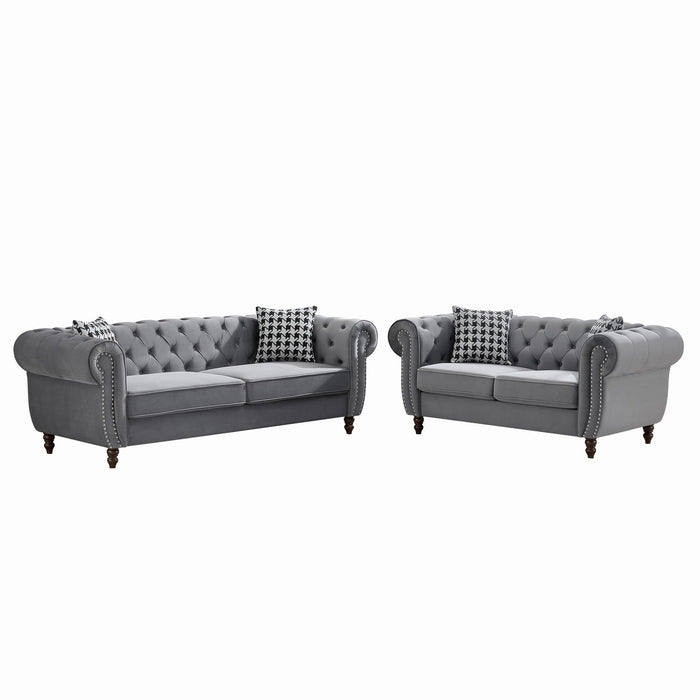 Chesterfield 3 And 2 Seater Velvet Upholstery Sofa With Roll Armrest & Nailhead Fabric Couch