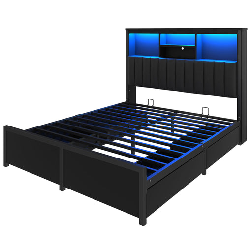Bed Frame With High Storage Headboard, LED Light And Charging Station, 4 Storage Drawers Home Essentials