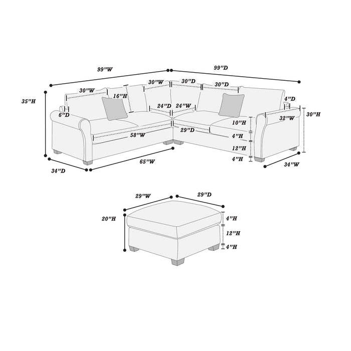 Modern Sectional Set With Corner Wedge, Loveseat, Ottoman & 2 Pillows Home Essentials