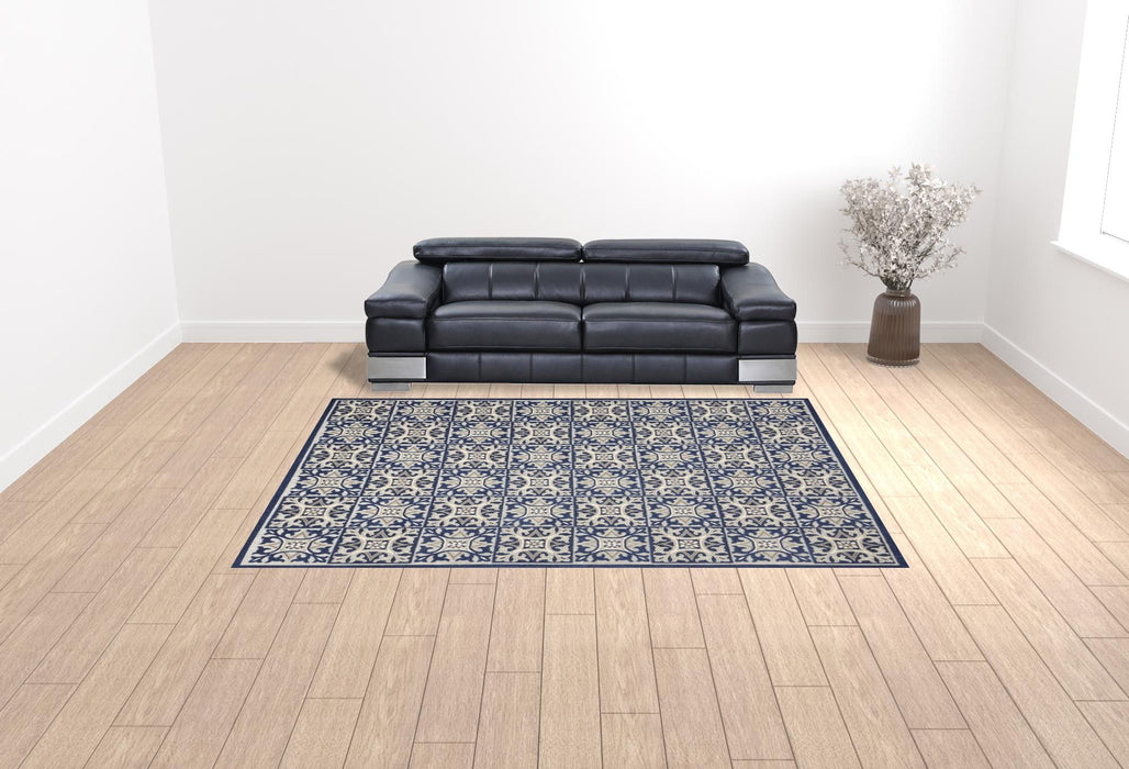 9' X 12' Fleur De Lis Stain Resistant Non Skid Area Rug - Blue