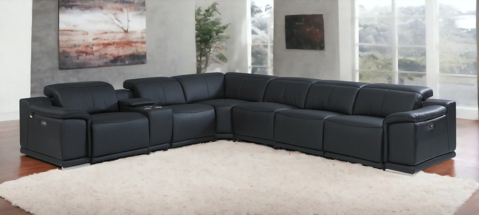 Italian Leather Power Reclining U Shaped Seven Piece Corner Sectional With Console - Black