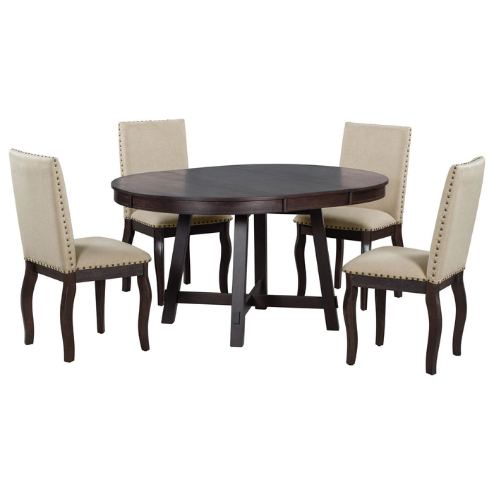 Round Extendable Dining Table Set With 4 Upholstered Chairs Hearth and Haven