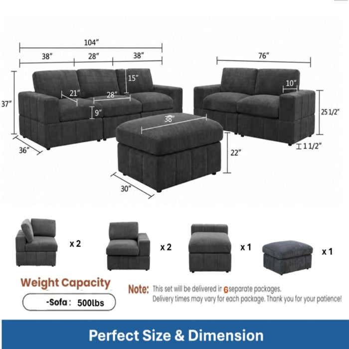Oversized Modular Sectional Sofa Set With Loveseat & Ottoman, 6 Piece Living Room Furniture - Dark Gray Home Essentials
