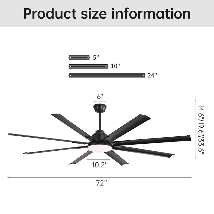 72" Large Design Ceiling Fan With Smart Remote Control, 6 Wind Speed DC Motor For Living Room - Black Daily Nest