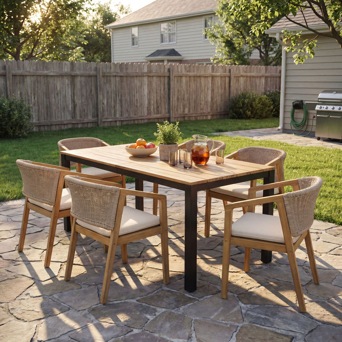 7 Piece Outdoor Dining Set With Table And 6 Chairs - Beige / Brown Mix / Light Teak / Teak Noble House