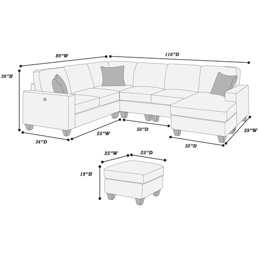 Left Arm Facing Loveseat With USB Port 5 Piece Sectional Set Corner Wedge Armless Chair Cocktail Ottoman Upholstered Living Room Furniture - Dark Gray Home Essentials