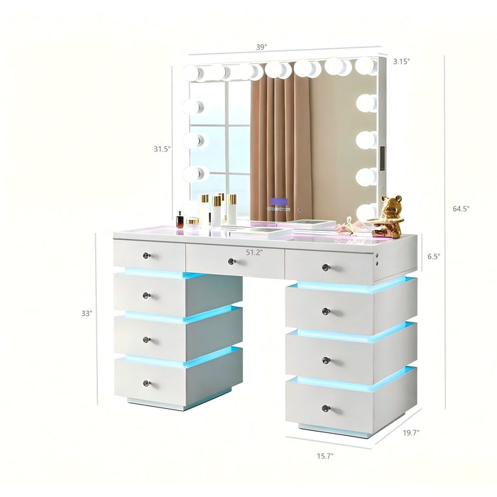 LED Lighted Makeup Vanity Desk With 15 Bulbs Mirror, RGB Light Drawers, 9 Drawers Dressing Table For Bedroom - Gloss White Home Essentials